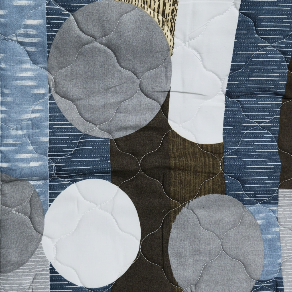 Premium Bed Sheet Set - Navy Blue Geometric Circular Pattern with Quilted Pillow Covers - Queen Size