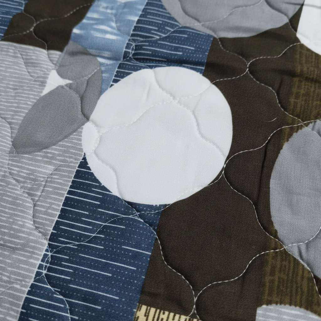 Premium Bed Sheet Set - Navy Blue Geometric Circular Pattern with Quilted Pillow Covers - Queen Size