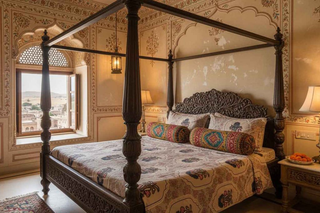 Double Bed Bedsheet – Mughal Floral Print | Beige & Indigo