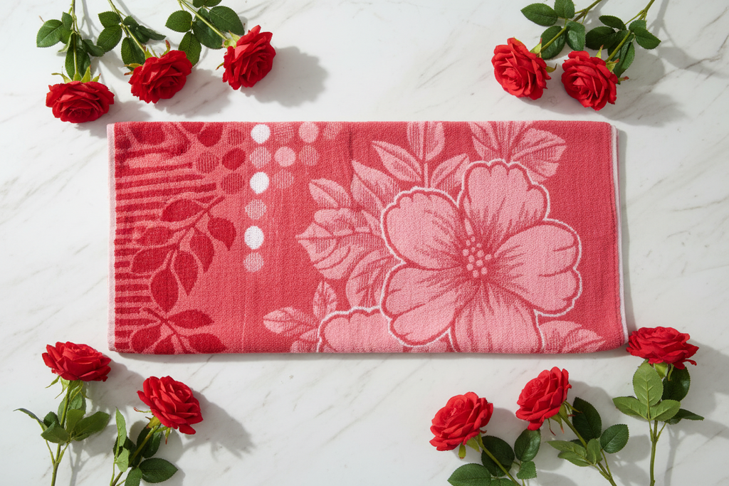 Bath Towel | Red Floral Jacquard | Ultra Soft, Super Absorbent & Quick Dry | Unisex