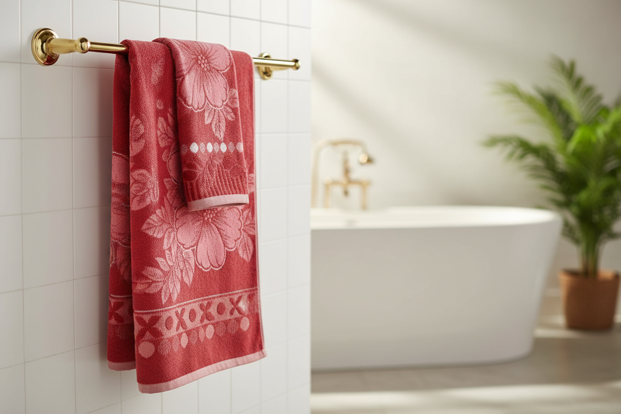 Bath Towel | Red Floral Jacquard | Ultra Soft, Super Absorbent & Quick Dry | Unisex