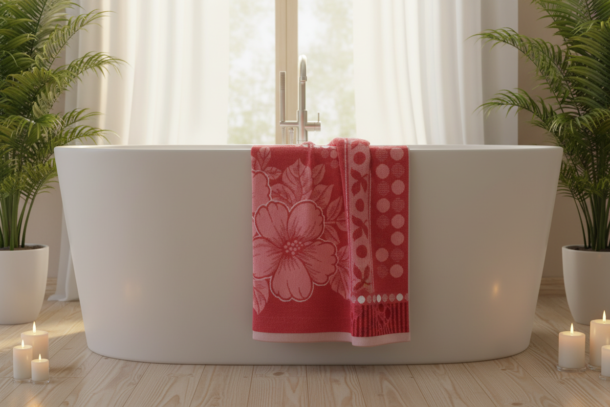 Bath Towel | Red Floral Jacquard | Ultra Soft, Super Absorbent & Quick Dry | Unisex