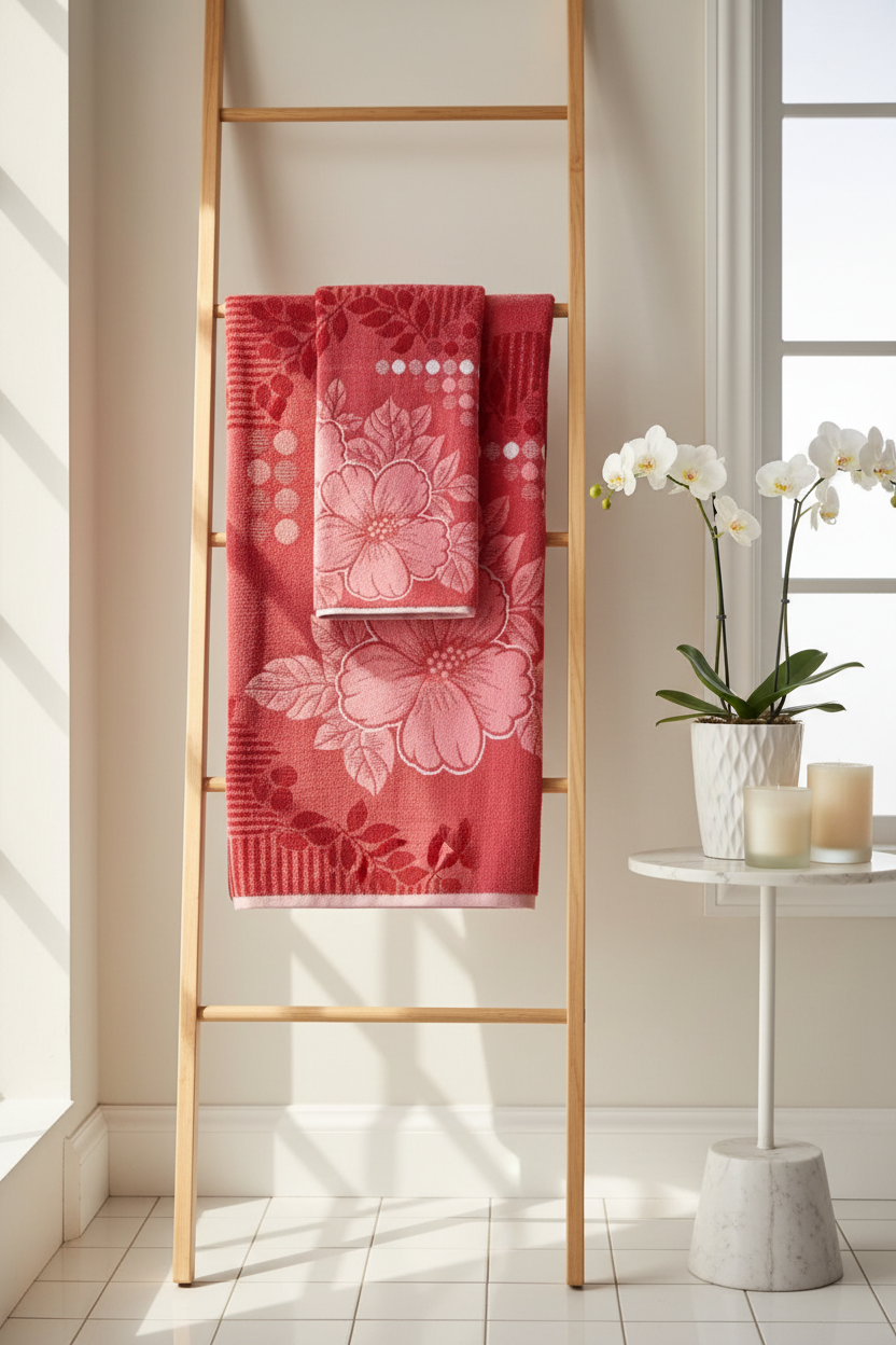 Bath Towel | Red Floral Jacquard | Ultra Soft, Super Absorbent & Quick Dry | Unisex