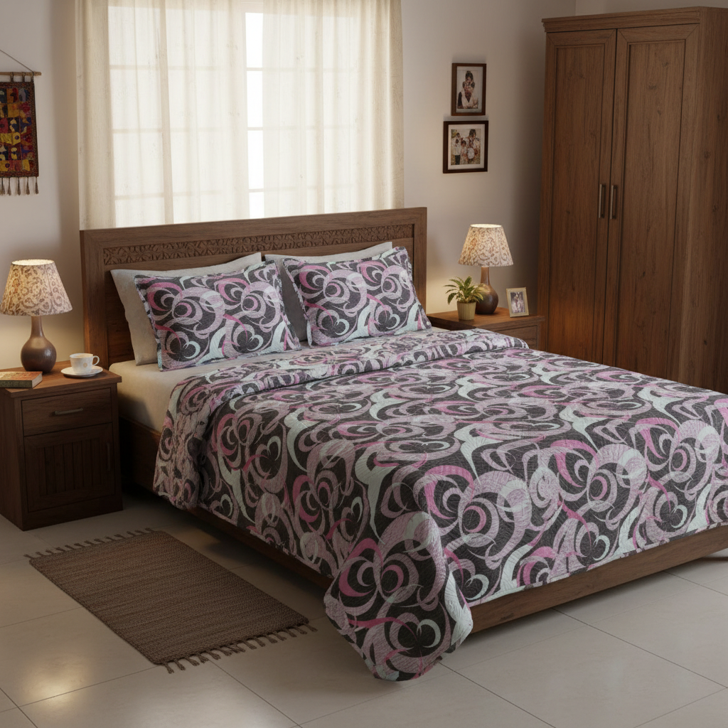 Queen Size Elegant Swirl Bed Sheet Set | 90x100 Inches | 2 Quilted Pillow Covers