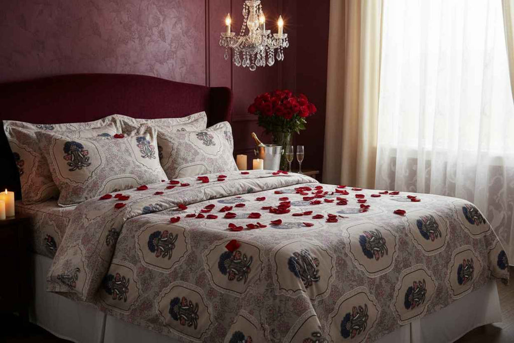 Double Bed Bedsheet – Mughal Floral Print | Beige & Indigo