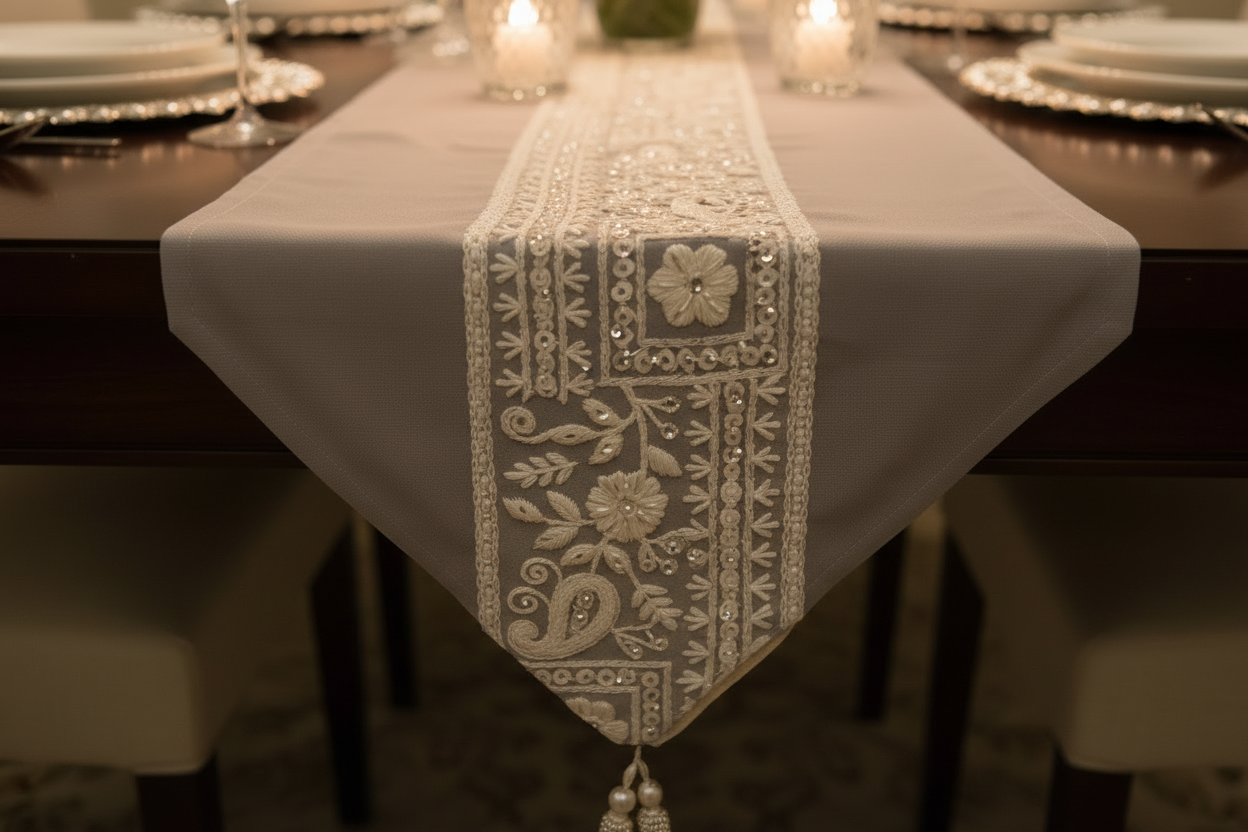 Satrangi Floral Table Runner with Gold Tassels