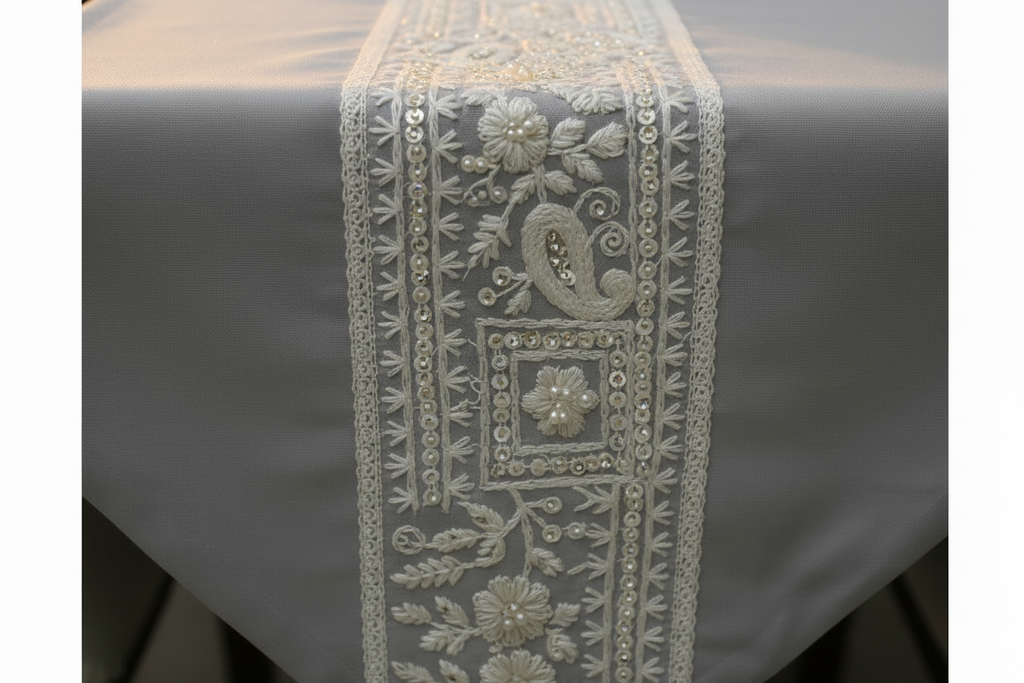 Satrangi Floral Table Runner with Gold Tassels