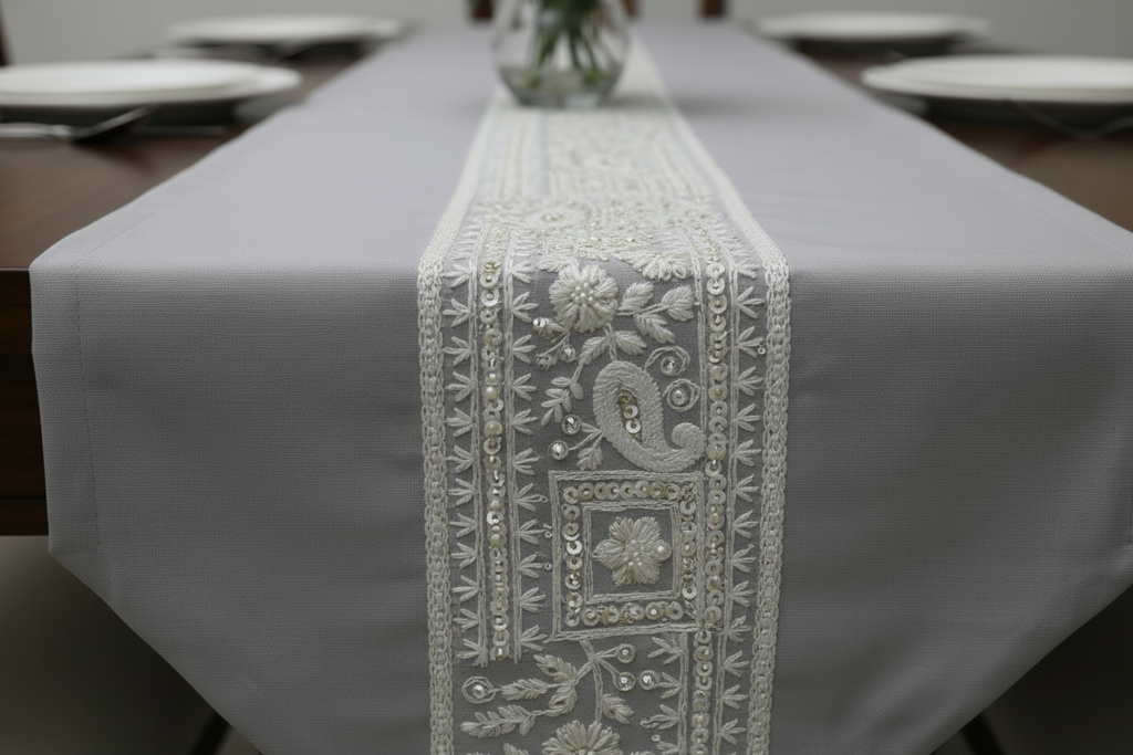 Satrangi Floral Table Runner with Gold Tassels
