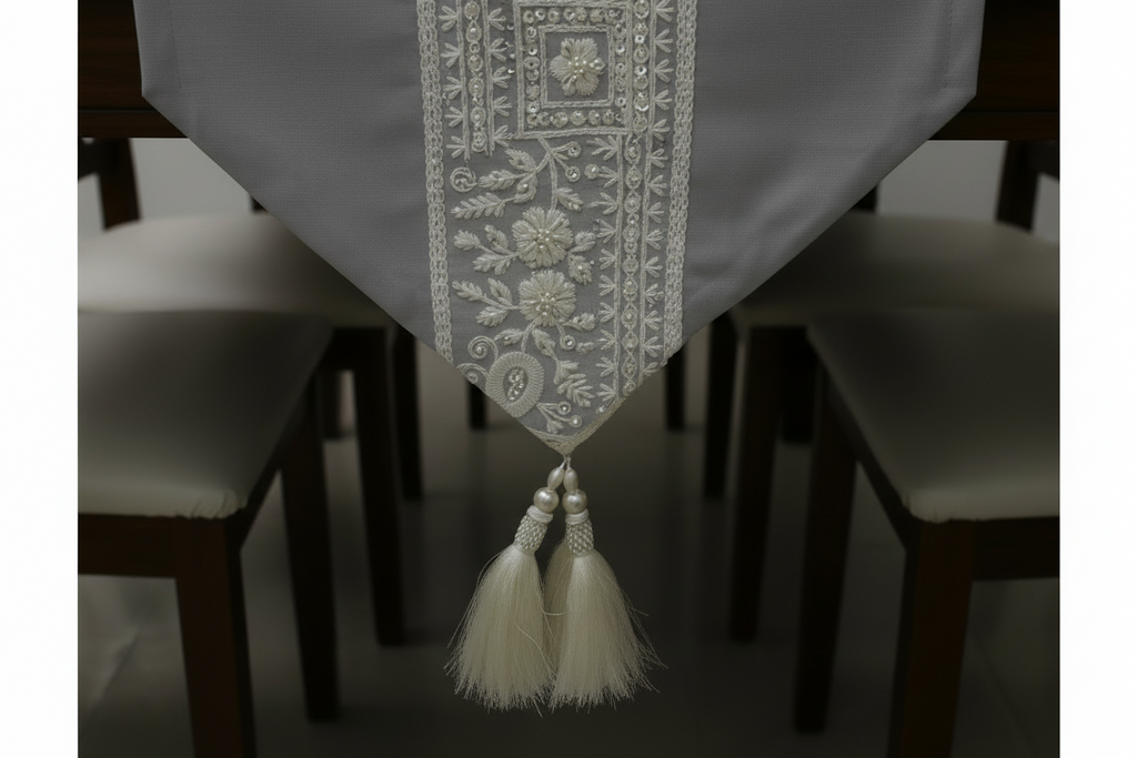 Satrangi Floral Table Runner with Gold Tassels