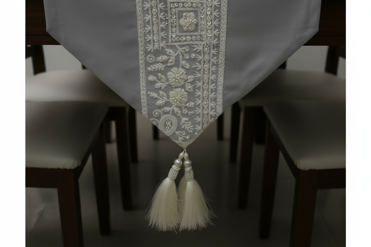 Satrangi Floral Table Runner with Gold Tassels