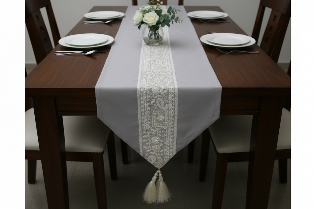Satrangi Floral Table Runner with Gold Tassels