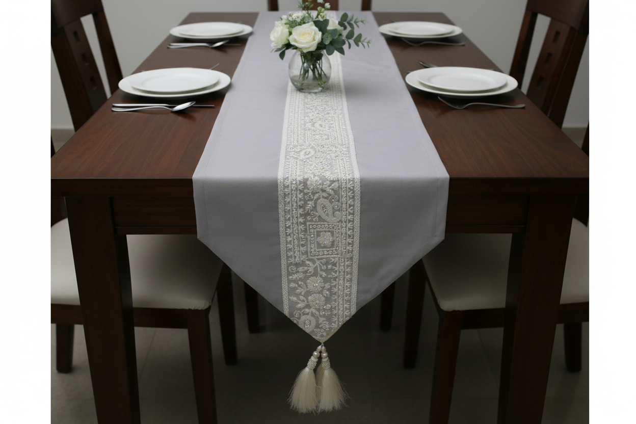 Satrangi Floral Table Runner with Gold Tassels