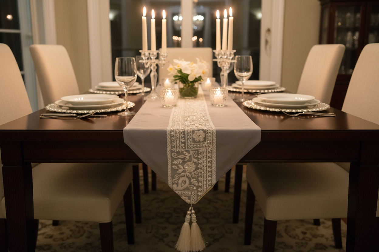 Satrangi Floral Table Runner with Gold Tassels