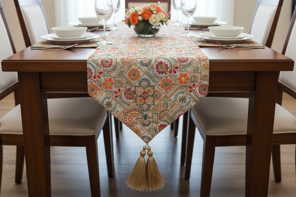 Silk With Hand Embroidery Satrangi Floral Table Runner with Gold Tassels