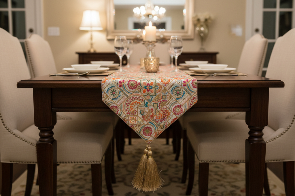 Satrangi Floral Table Runner with Gold Tassels