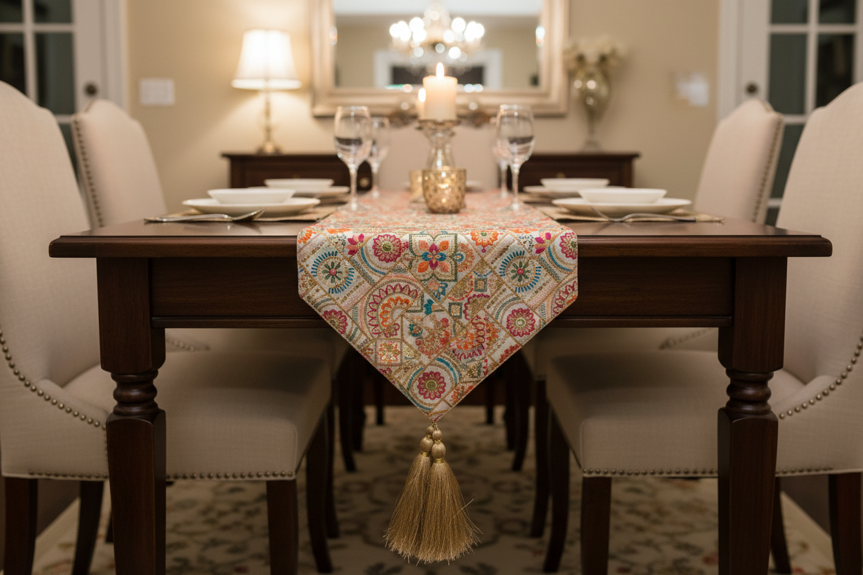 Satrangi Floral Table Runner with Gold Tassels