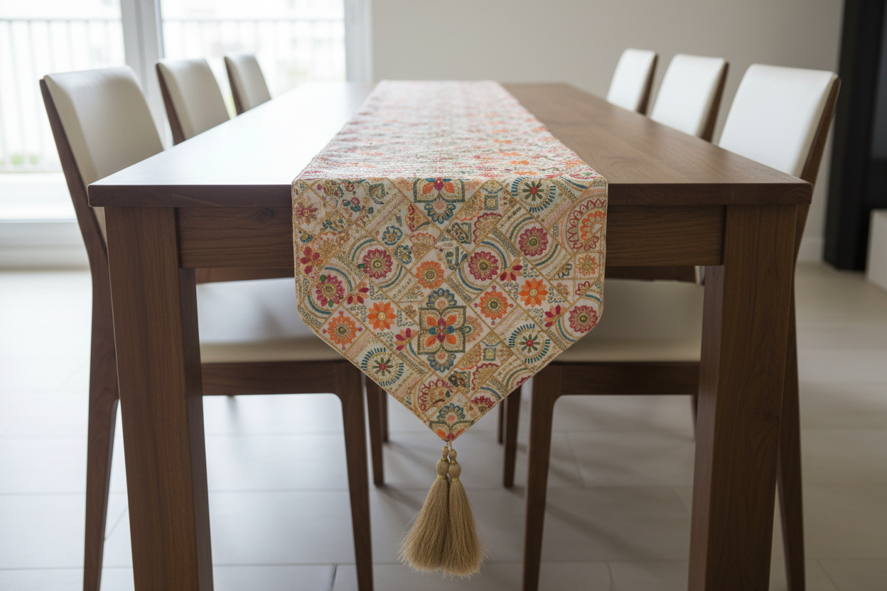 Silk With Hand Embroidery Satrangi Floral Table Runner with Gold Tassels