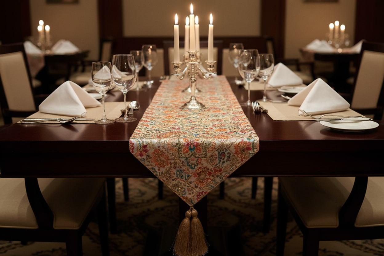 Silk With Hand Embroidery Satrangi Floral Table Runner with Gold Tassels