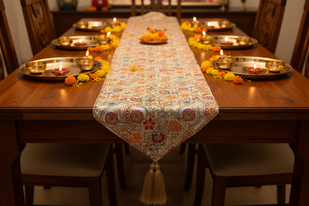 Silk With Hand Embroidery Satrangi Floral Table Runner with Gold Tassels