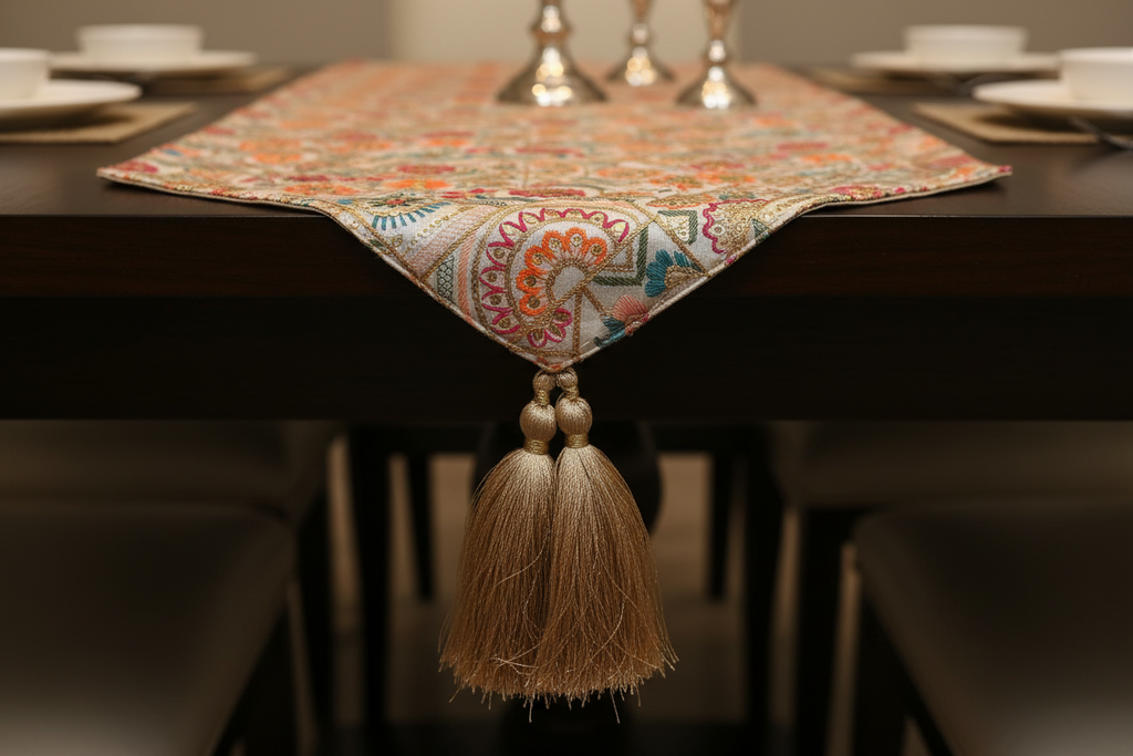 Silk With Hand Embroidery Satrangi Floral Table Runner with Gold Tassels