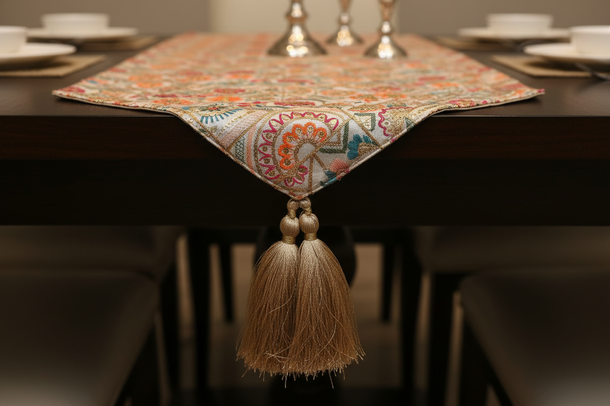 Silk With Hand Embroidery Satrangi Floral Table Runner with Gold Tassels