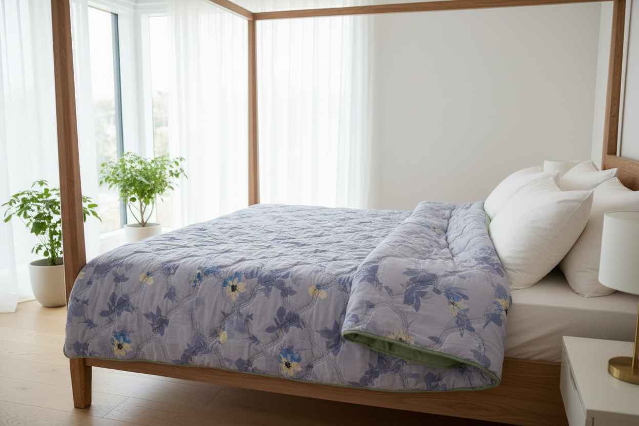 Blue Floral Double Bed Comforter | Lightweight Summer Quilted Bedding