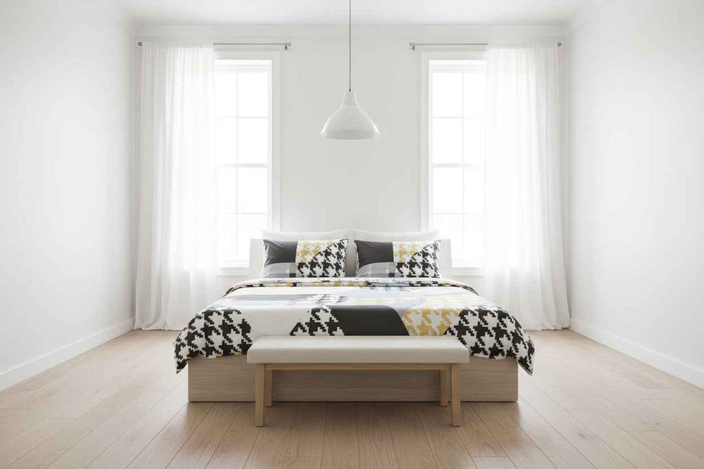 Double Bed Bedsheet – Houndstooth Patchwork | Black, White & Gold