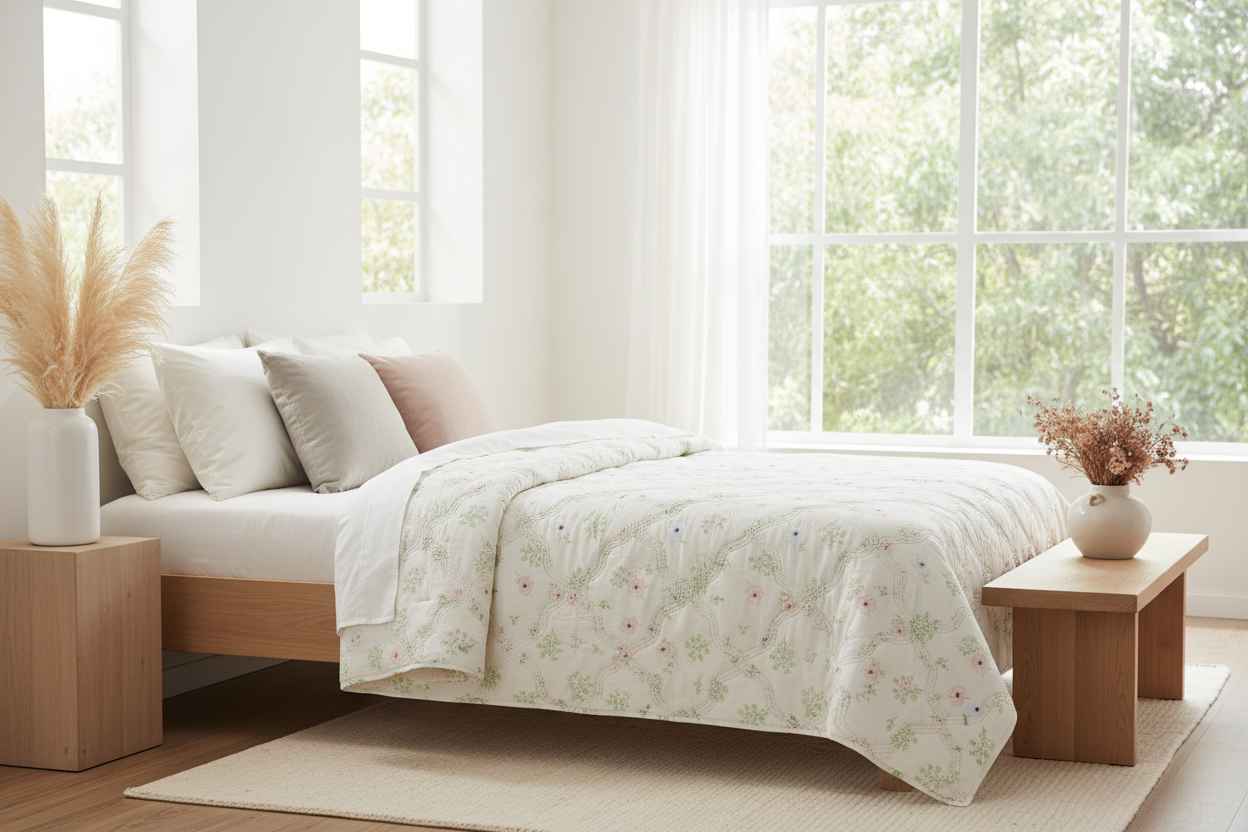 White Botanical Double Bed Comforter | Floral Summer Quilted Bedding
