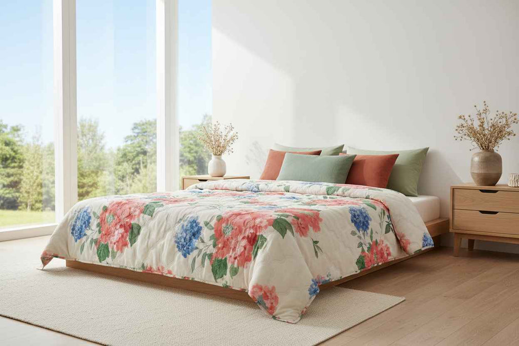 Hydrangea & Peony Double Bed Comforter | Floral Summer Quilted Bedding