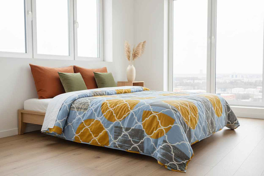 Blue Grey & Yellow Geometric Double Bed Comforter | Modern Quilted