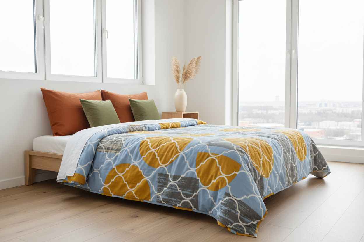 Blue Grey & Yellow Geometric Double Bed Comforter | Modern Quilted