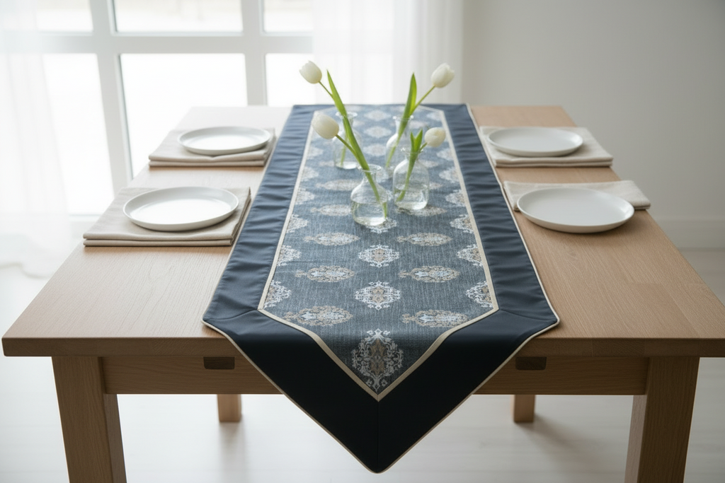 Royal Medallion Silk Table Runner | Navy Blue Jacquard with Satin Silk Finish