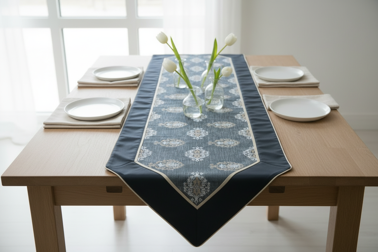 Royal Medallion Silk Table Runner | Navy Blue Jacquard with Satin Silk Finish