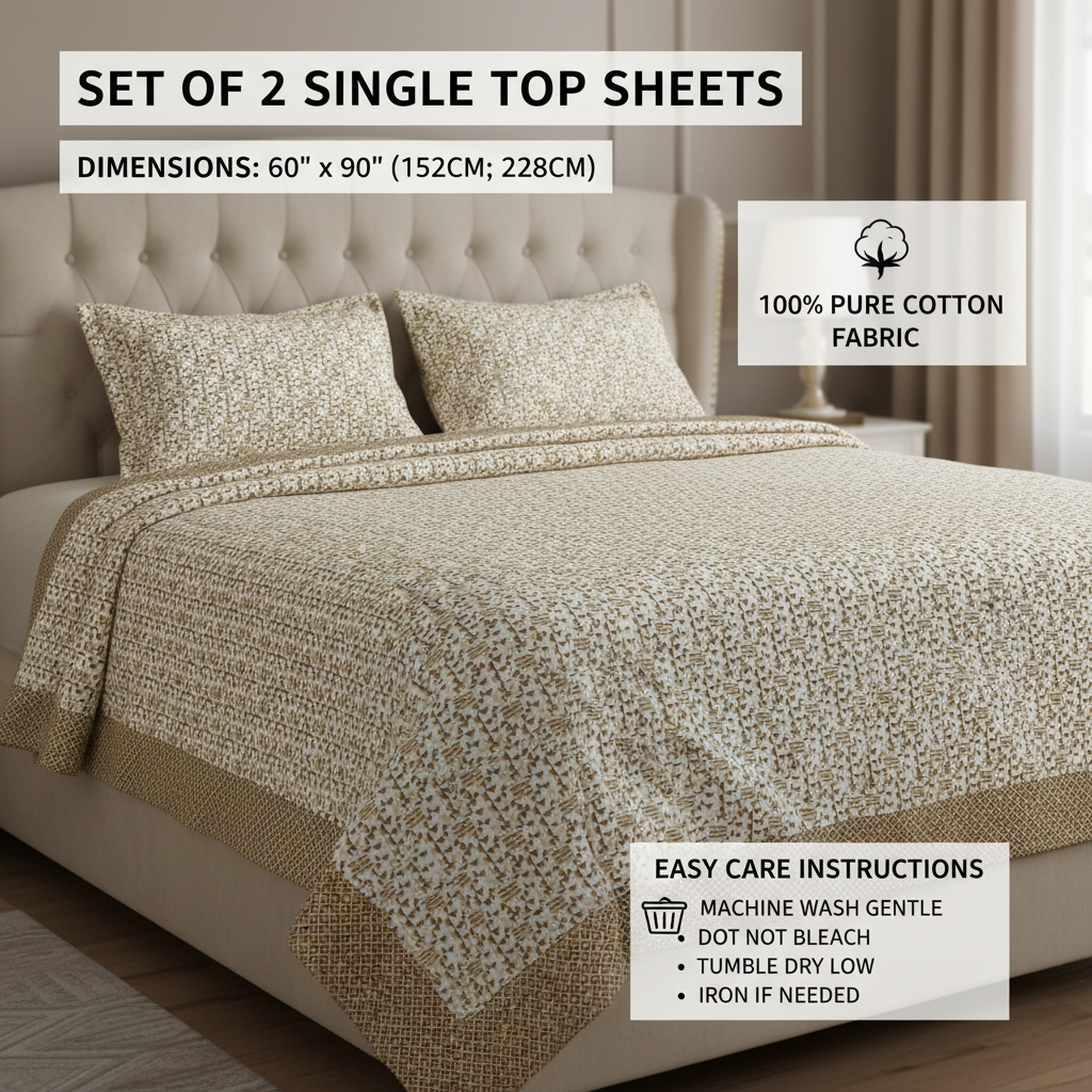 Premium Pure Cotton Geometric Top Sheet Single Bed (Set of 2)  - Cream & Gold Triangle Pattern