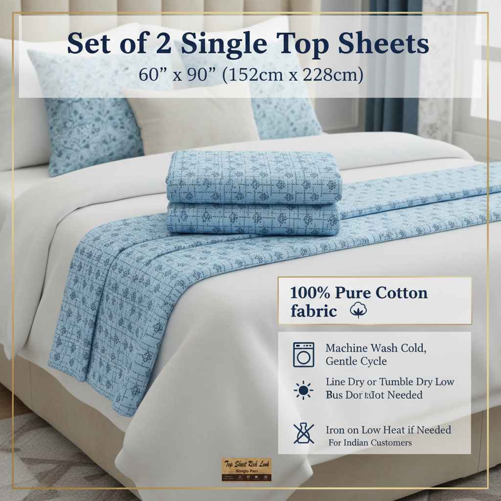 Premium Pure Cotton Single Top Sheet Set of 2 - Blue Geometric Floral Pattern