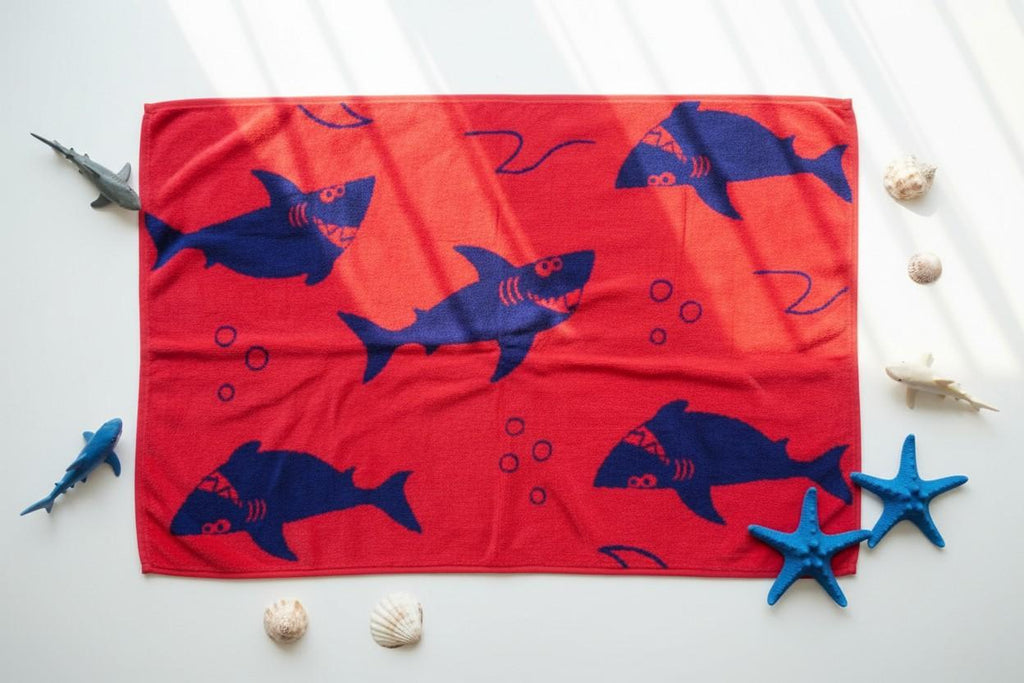 Kids Cotton Bath Towel | Red & Navy Blue Shark Print | Boys & Girls