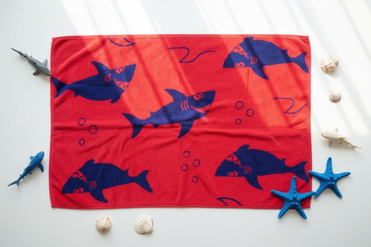 Kids Cotton Bath Towel | Red & Navy Blue Shark Print | Boys & Girls