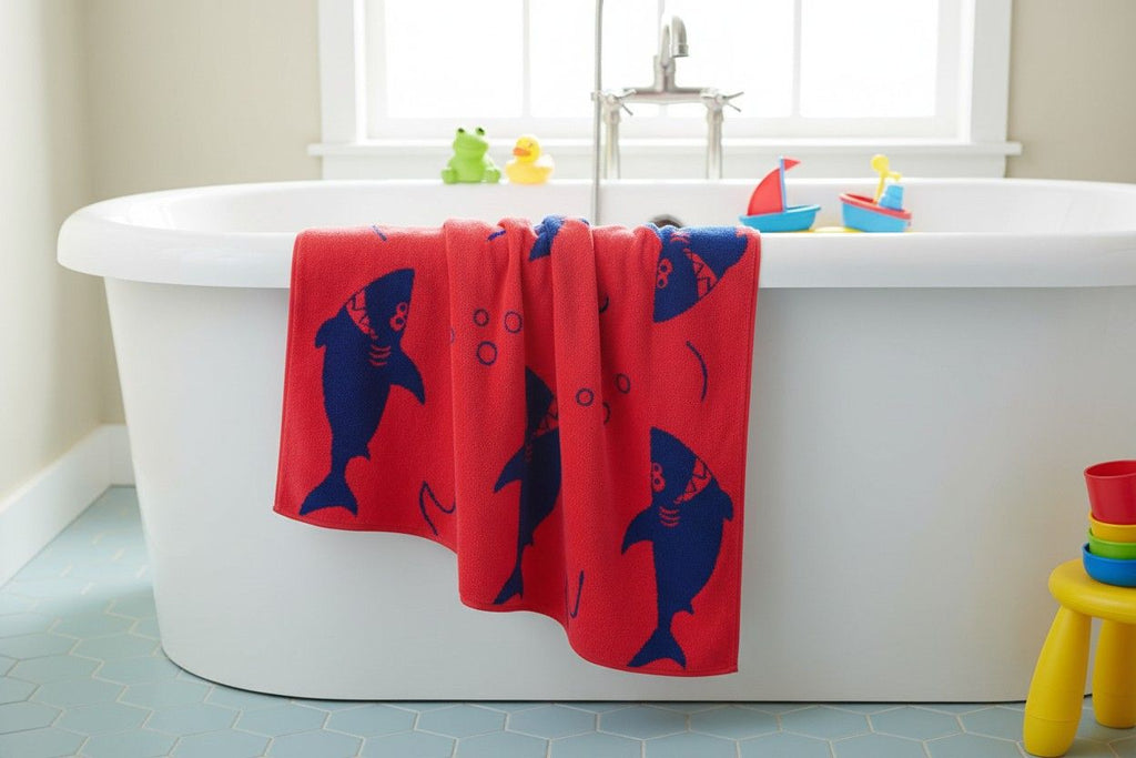 Kids Cotton Bath Towel | Red & Navy Blue Shark Print | Boys & Girls