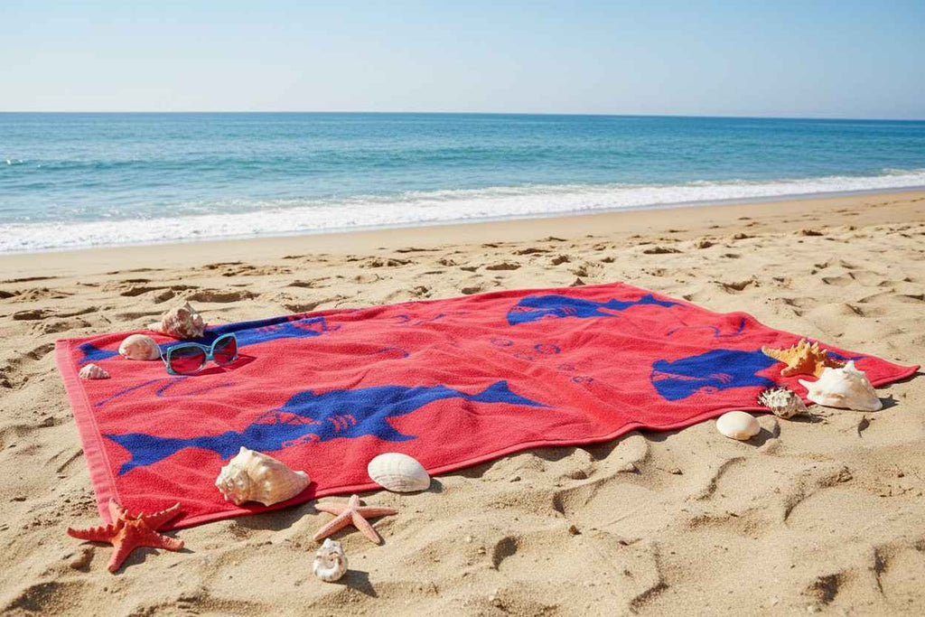 Kids Cotton Bath Towel | Red & Navy Blue Shark Print | Boys & Girls