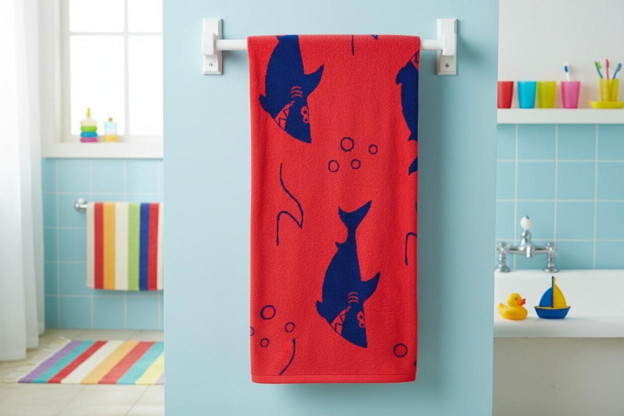 Kids Cotton Bath Towel | Red & Navy Blue Shark Print | Boys & Girls