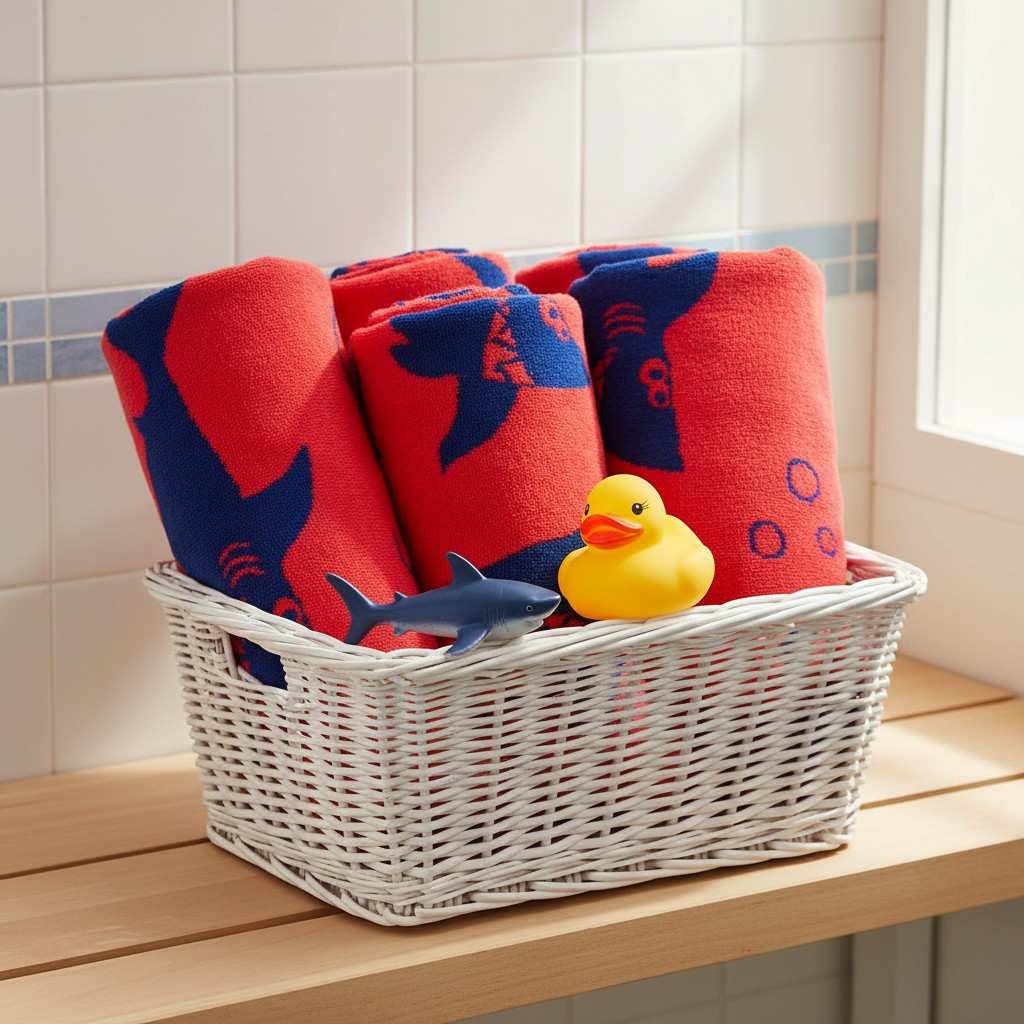 Kids Cotton Bath Towel | Red & Navy Blue Shark Print | Boys & Girls