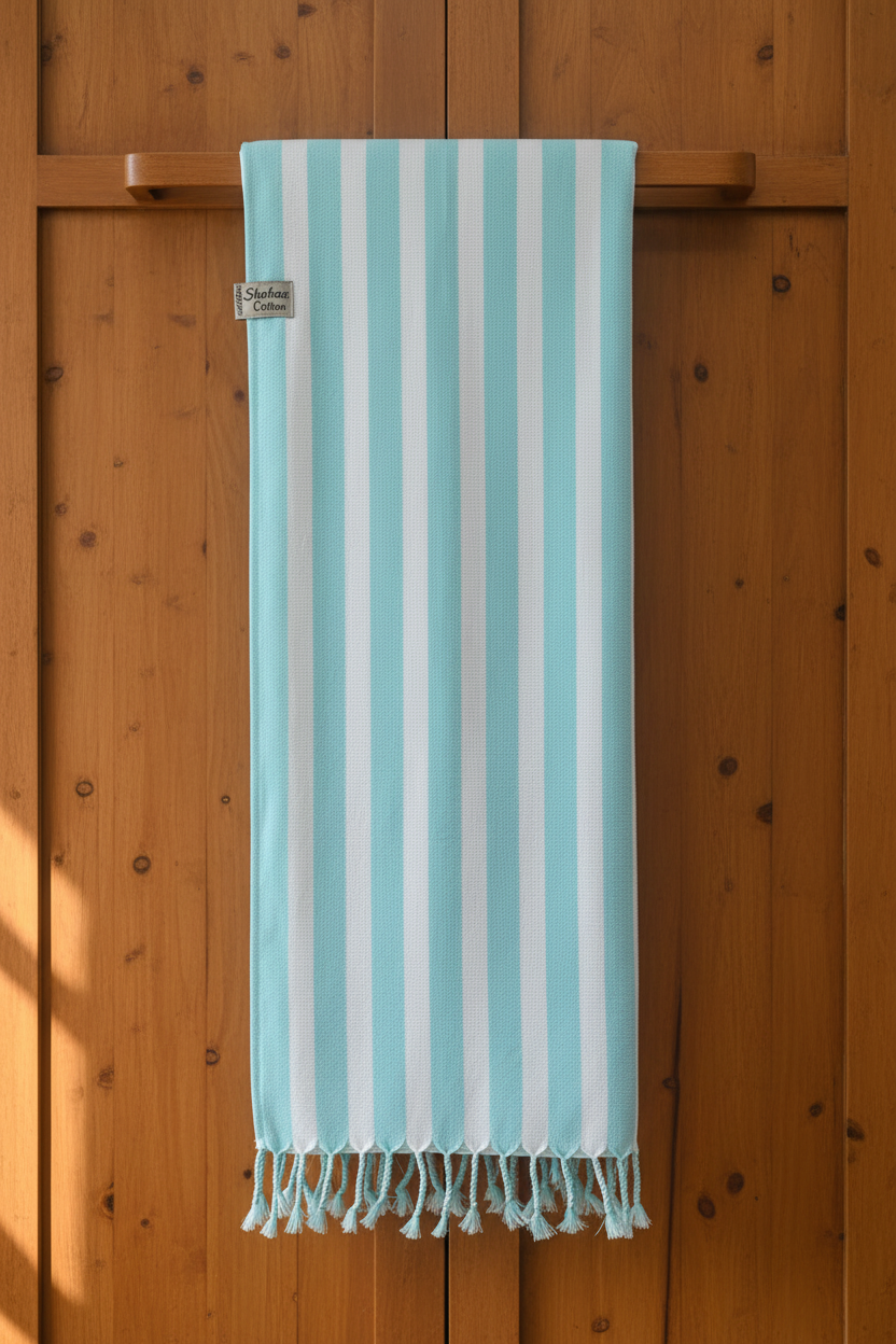 Shobaa Cotton 100% Cotton Aqua Striped Bath Towel | 30x60 inch
