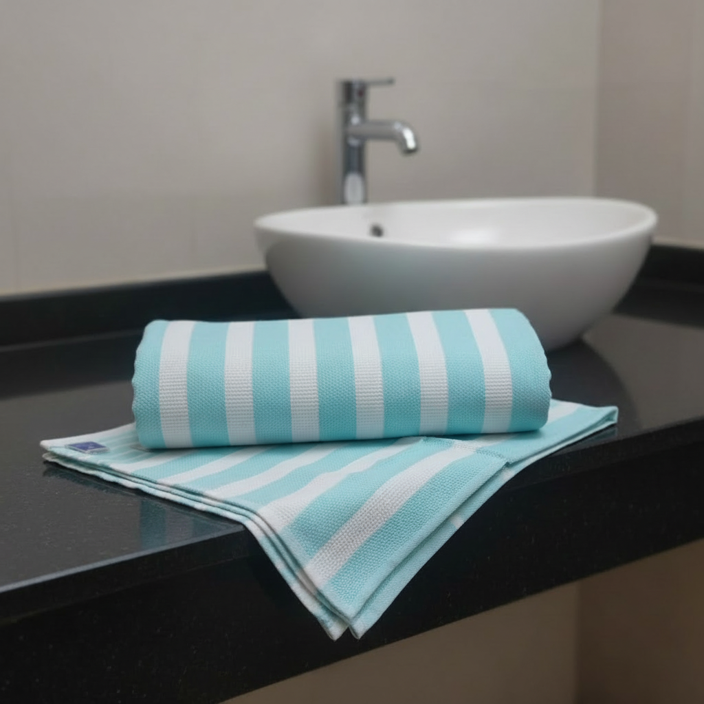 Shobaa Cotton 100% Cotton Aqua Striped Bath Towel | 30x60 inch