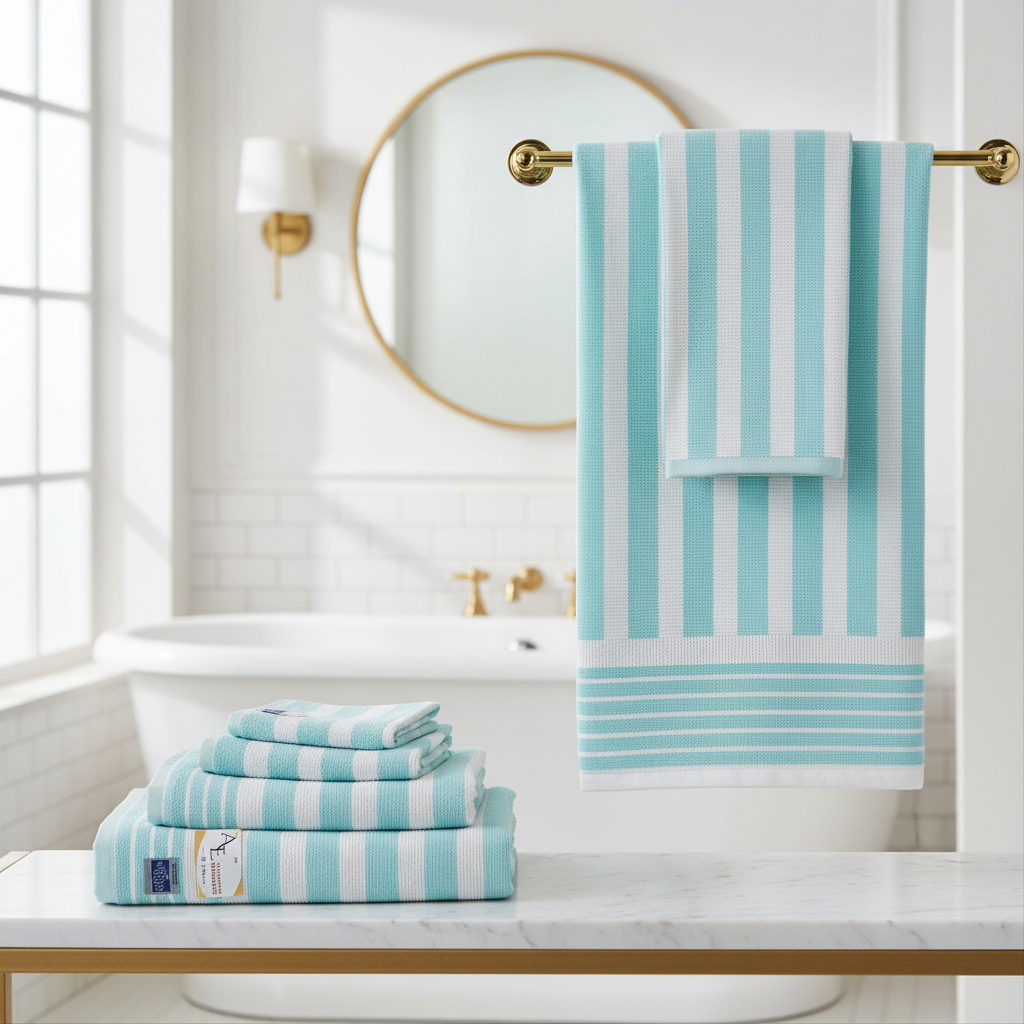 Shobaa Cotton 100% Cotton Aqua Striped Bath Towel | 30x60 inch