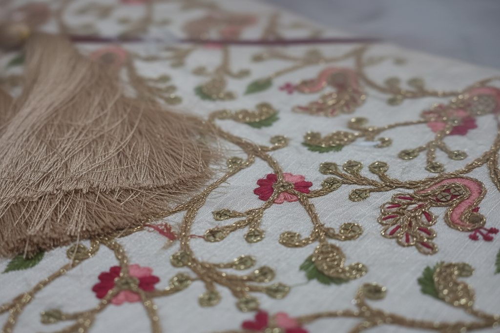 Embroidered Floral Table Runner with Tassel Ends
