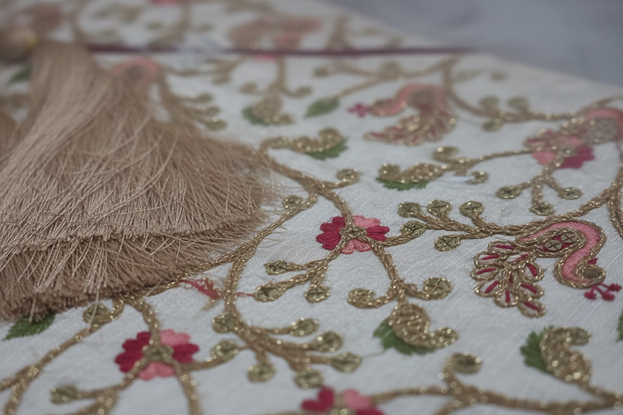 Embroidered Floral Table Runner with Tassel Ends