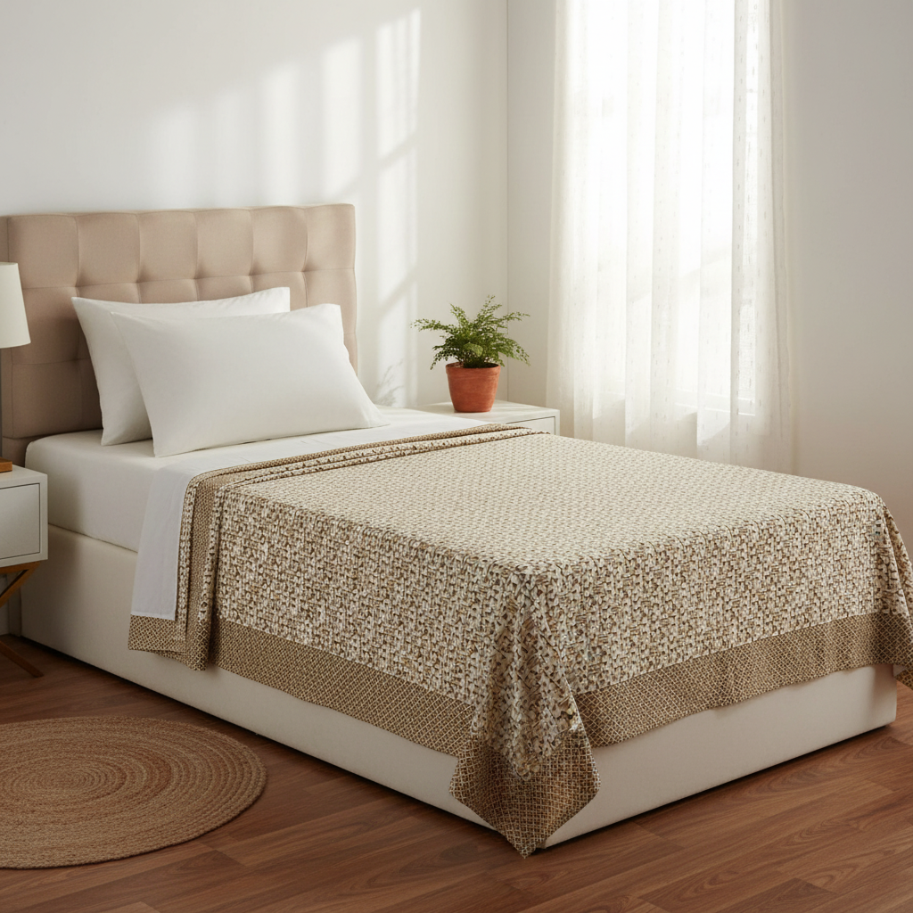 Premium Pure Cotton Geometric Top Sheet Single Bed (Set of 2)  - Cream & Gold Triangle Pattern