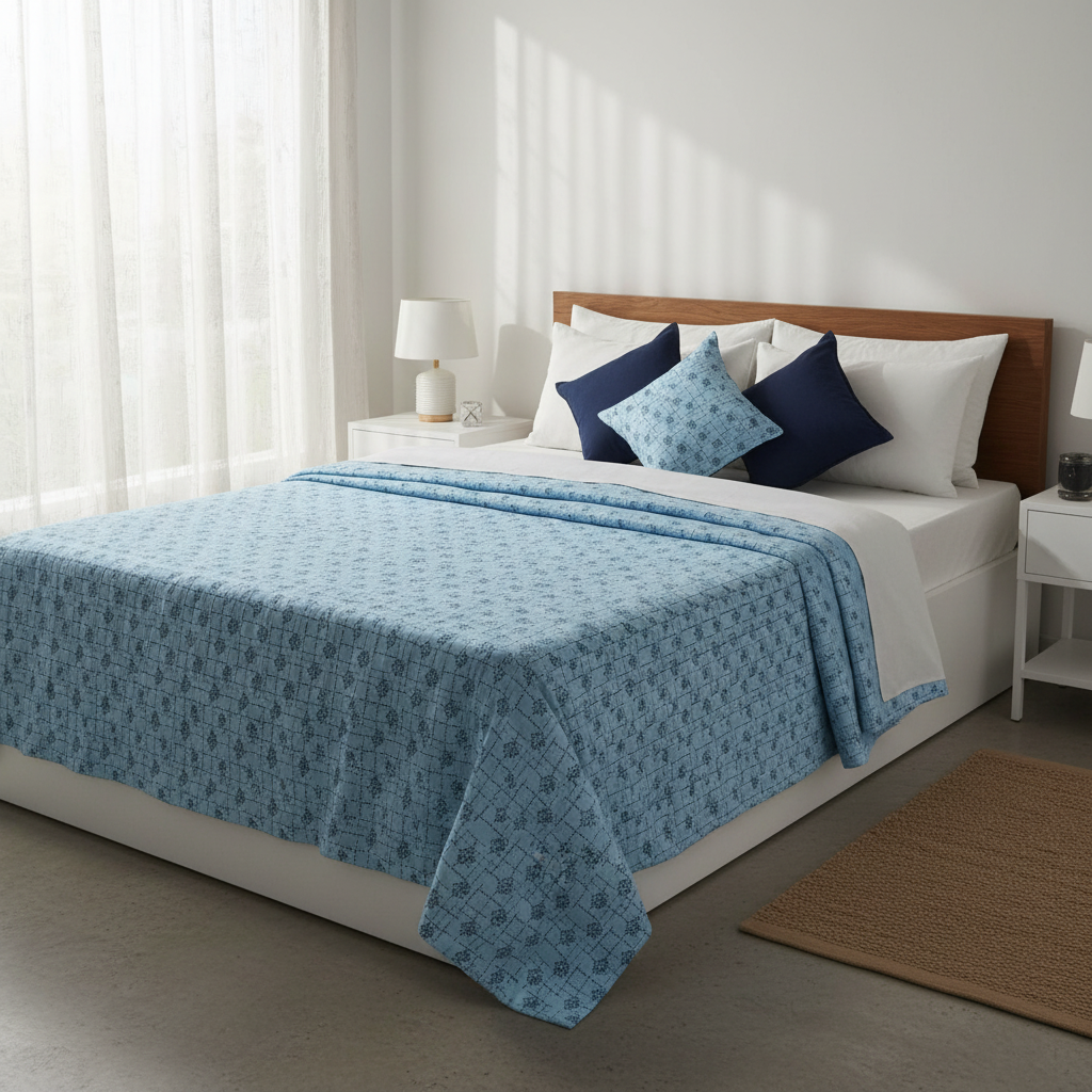 Premium Pure Cotton Single Top Sheet Set of 2 - Blue Geometric Floral Pattern