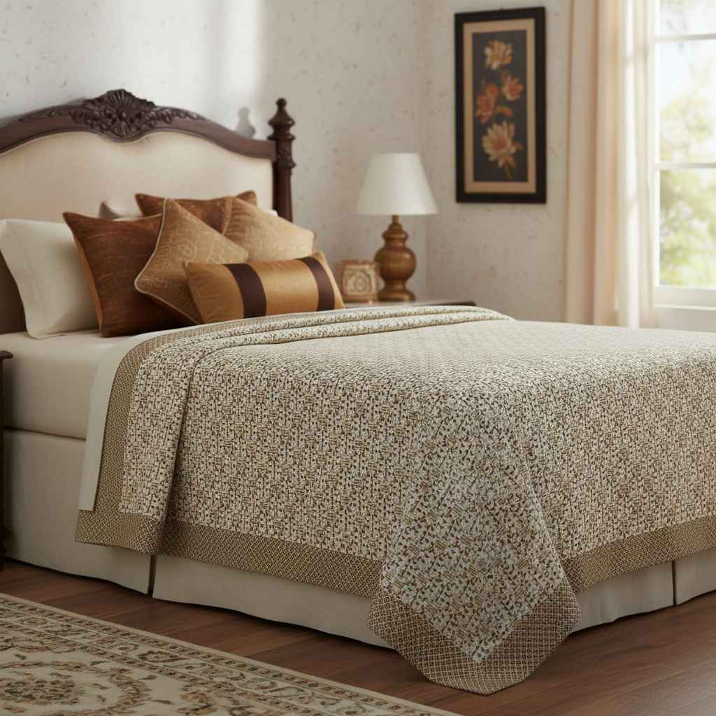 Premium Pure Cotton Geometric Top Sheet Single Bed (Set of 2)  - Cream & Gold Triangle Pattern