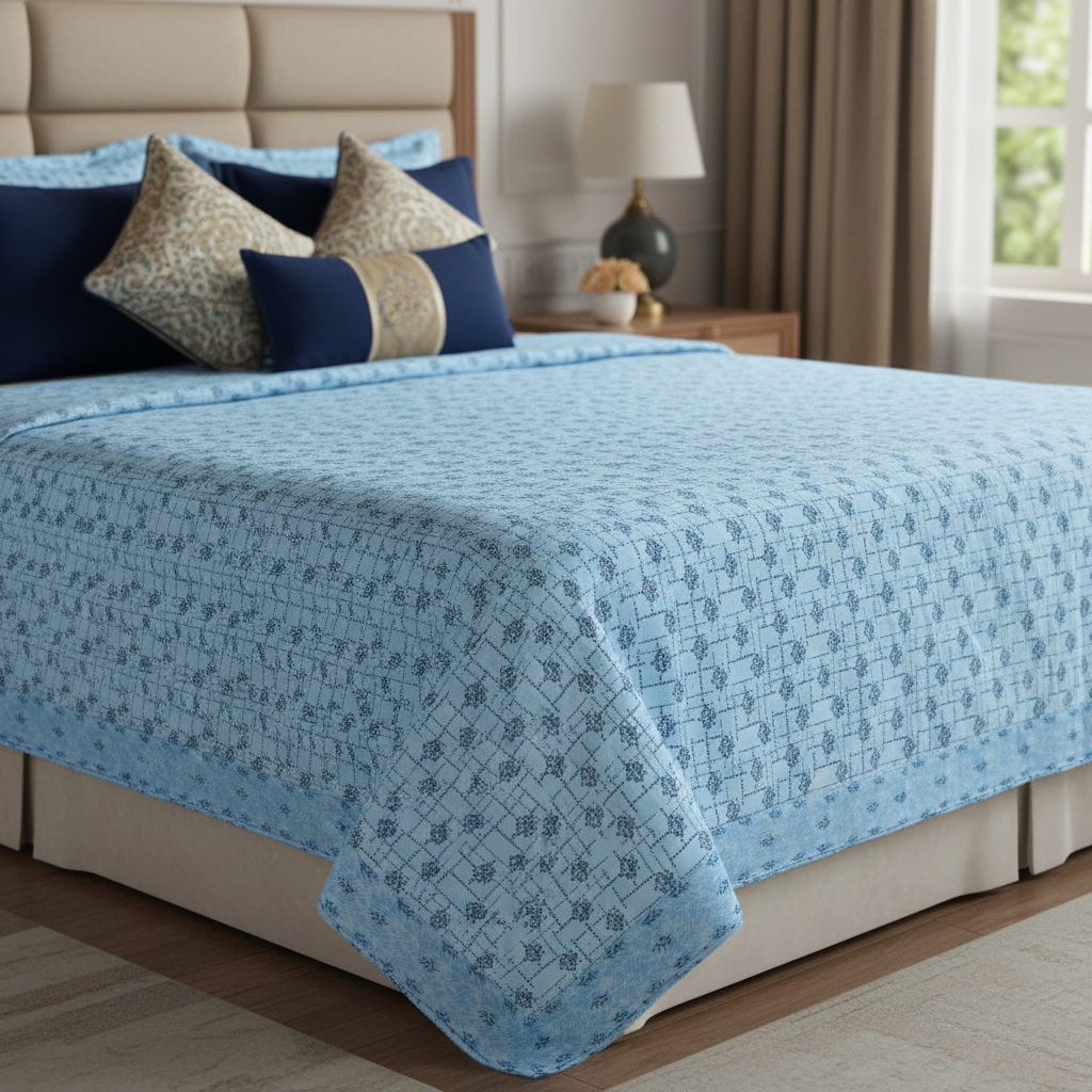 Premium Pure Cotton Single Top Sheet Set of 2 - Blue Geometric Floral Pattern